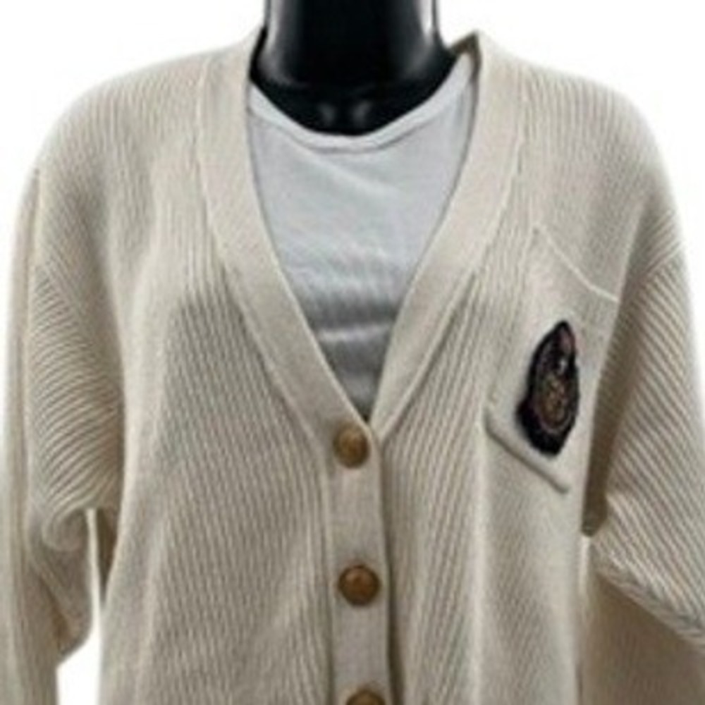 1990s LizSport Vintage Cream Ribbed Cotton Cardigan Crest Patch Buttons‎ Medium